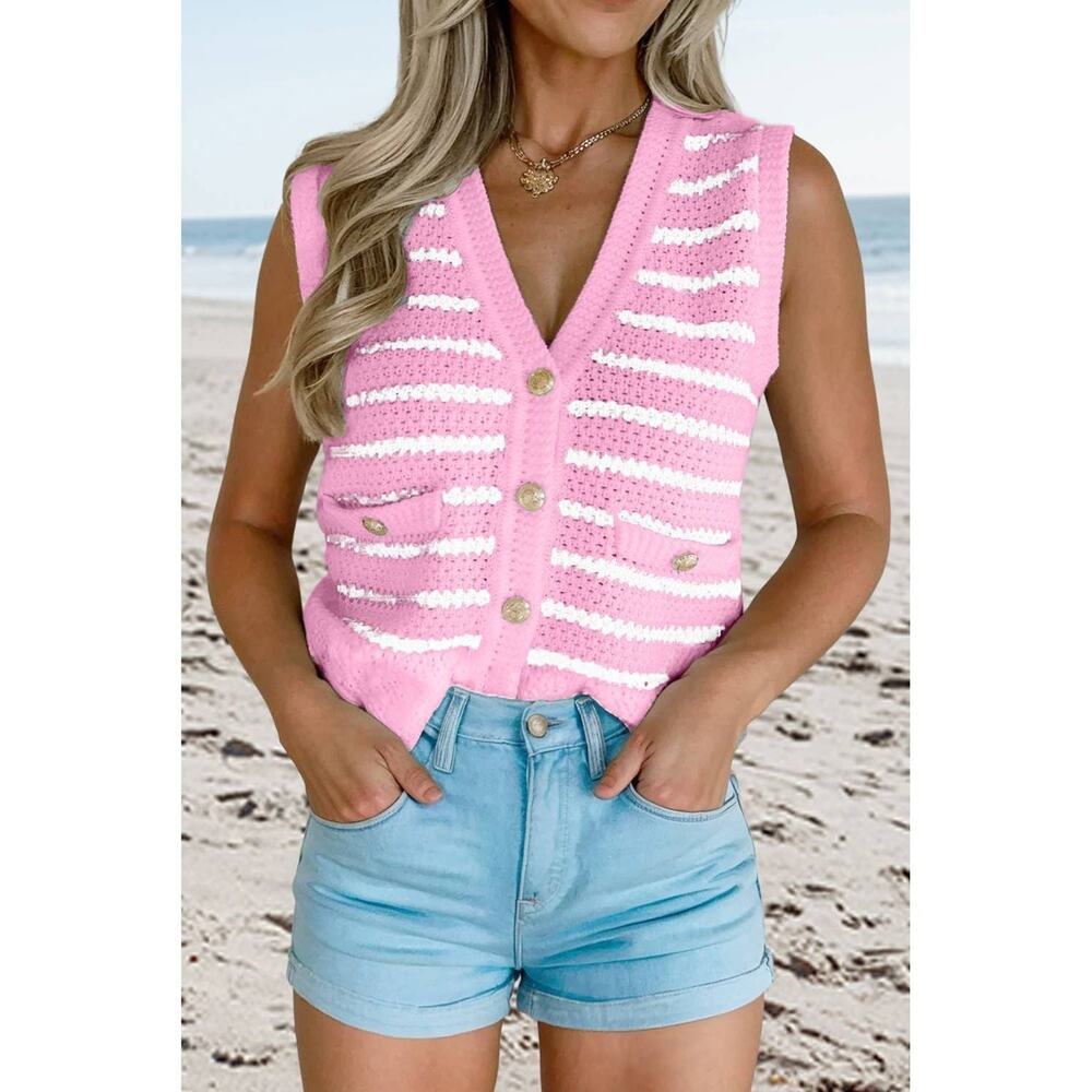Pink & White Button Front Sweater Vest Coastal Preppy NWT SIZE XL